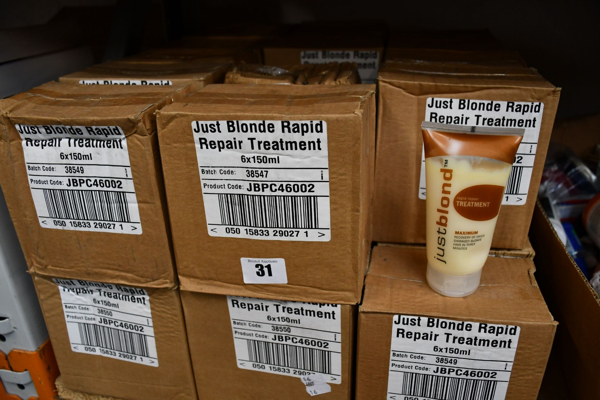 Thirty two boxes of Just Blonde rapid repair treatment (150ml) (Six in a box).