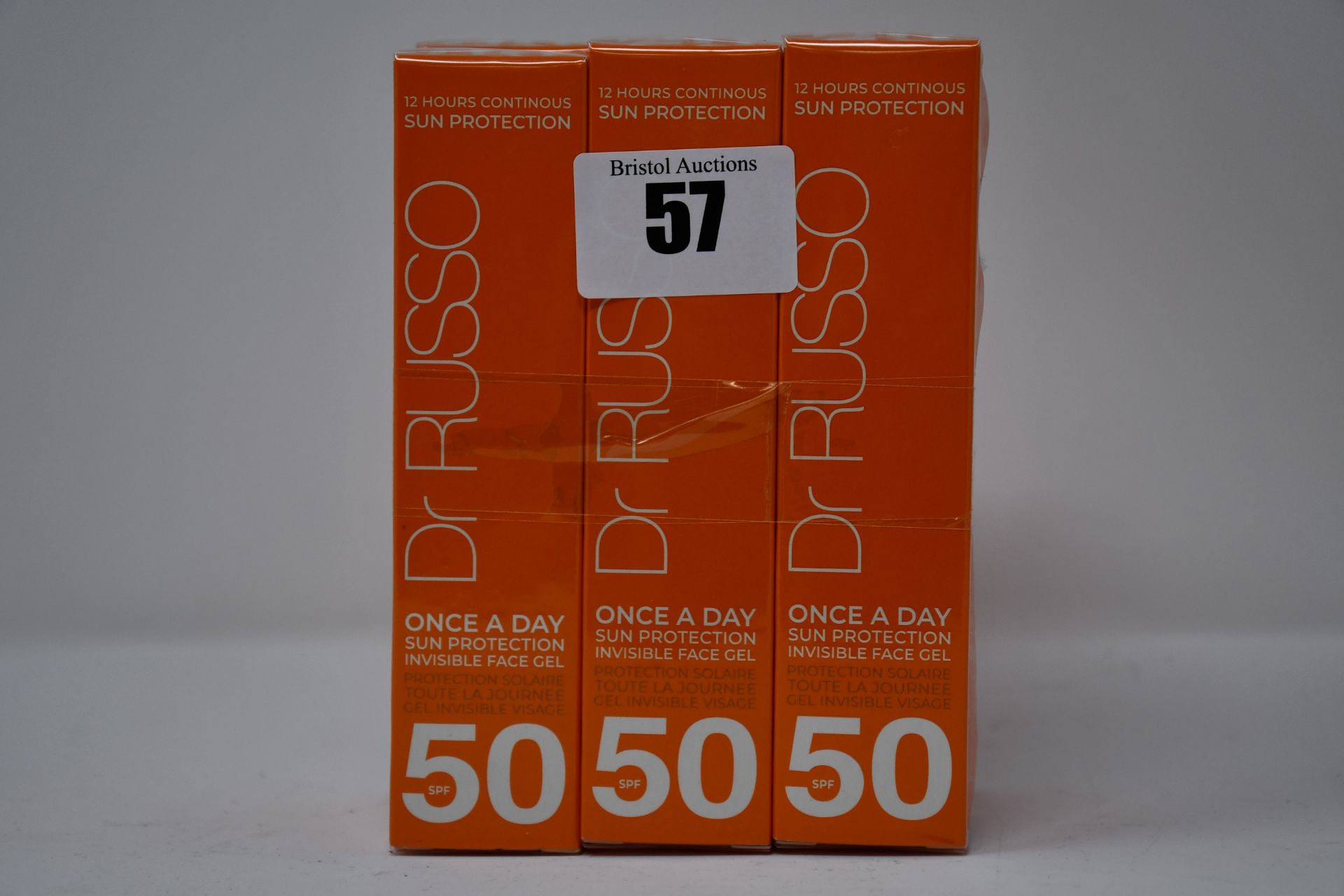 Six as new Dr Russo Once A Day sun protection invisible face gels SPF 50 (30ml).