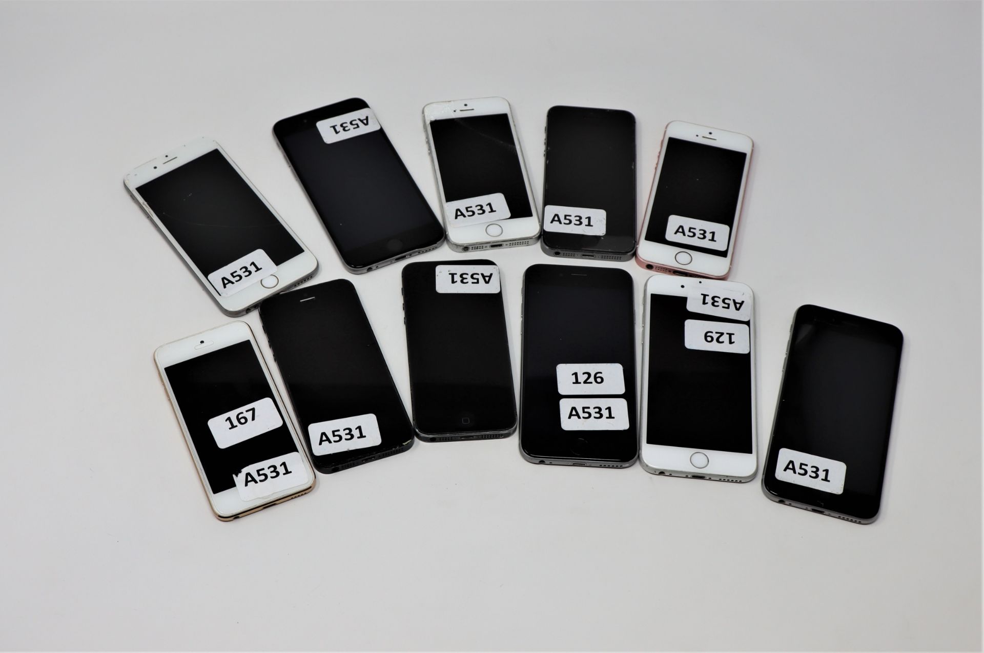Ten pre-owned Apple iPhones and an Apple iPod Touch sold for parts; 1 x iPhone 6 (GSM/North