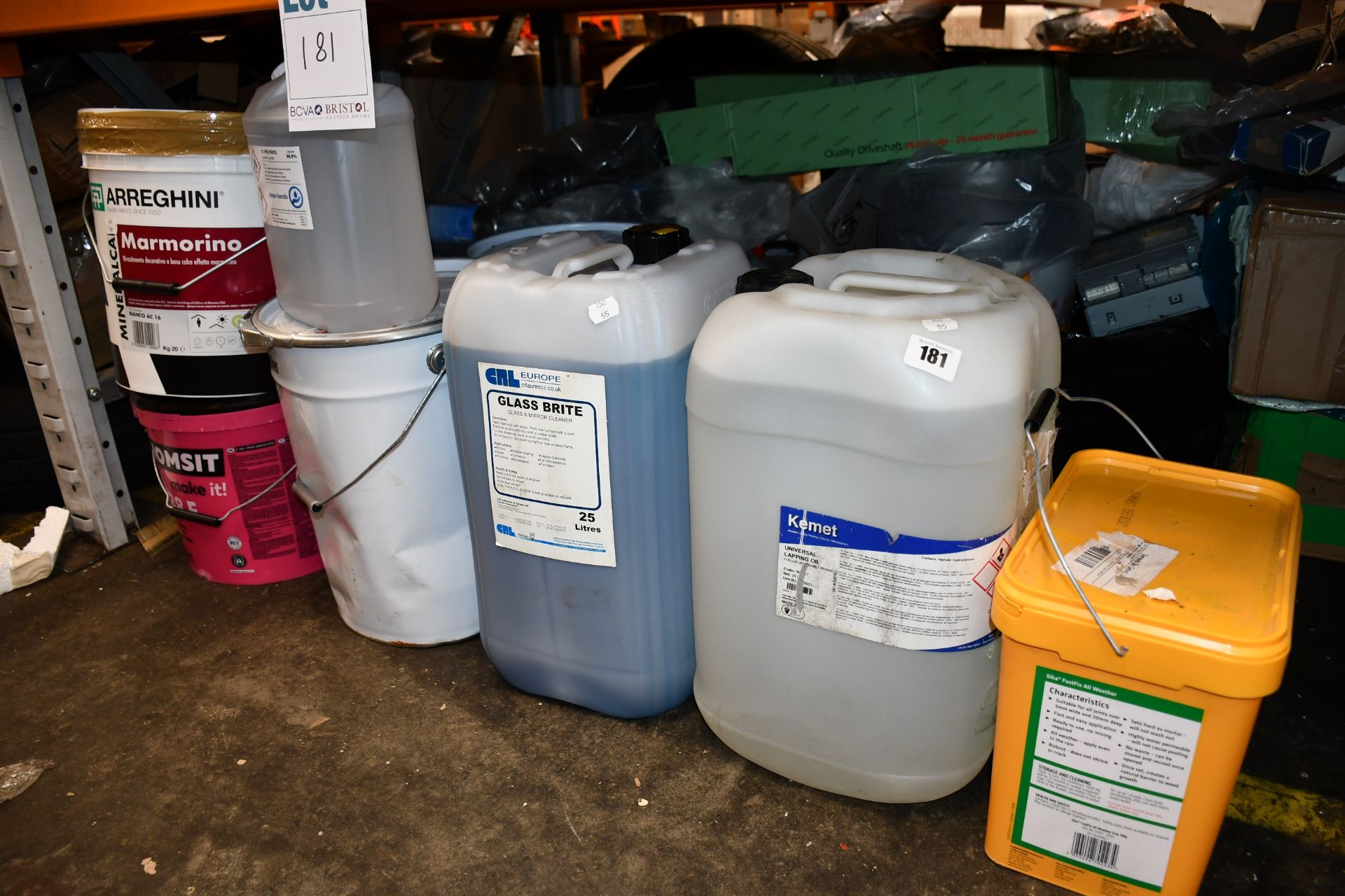 A quantity of assorted liquids and paints to include 25 litres of glass Brite, Arreghini Marmorino