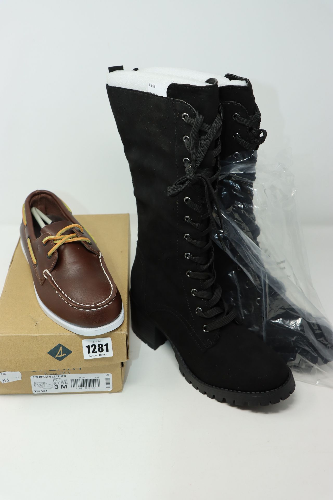 One as new Bamboo Chief 17 Edgy Lace-Up Combat Boots size 35 (No box). One as new Sperry Big Kid's
