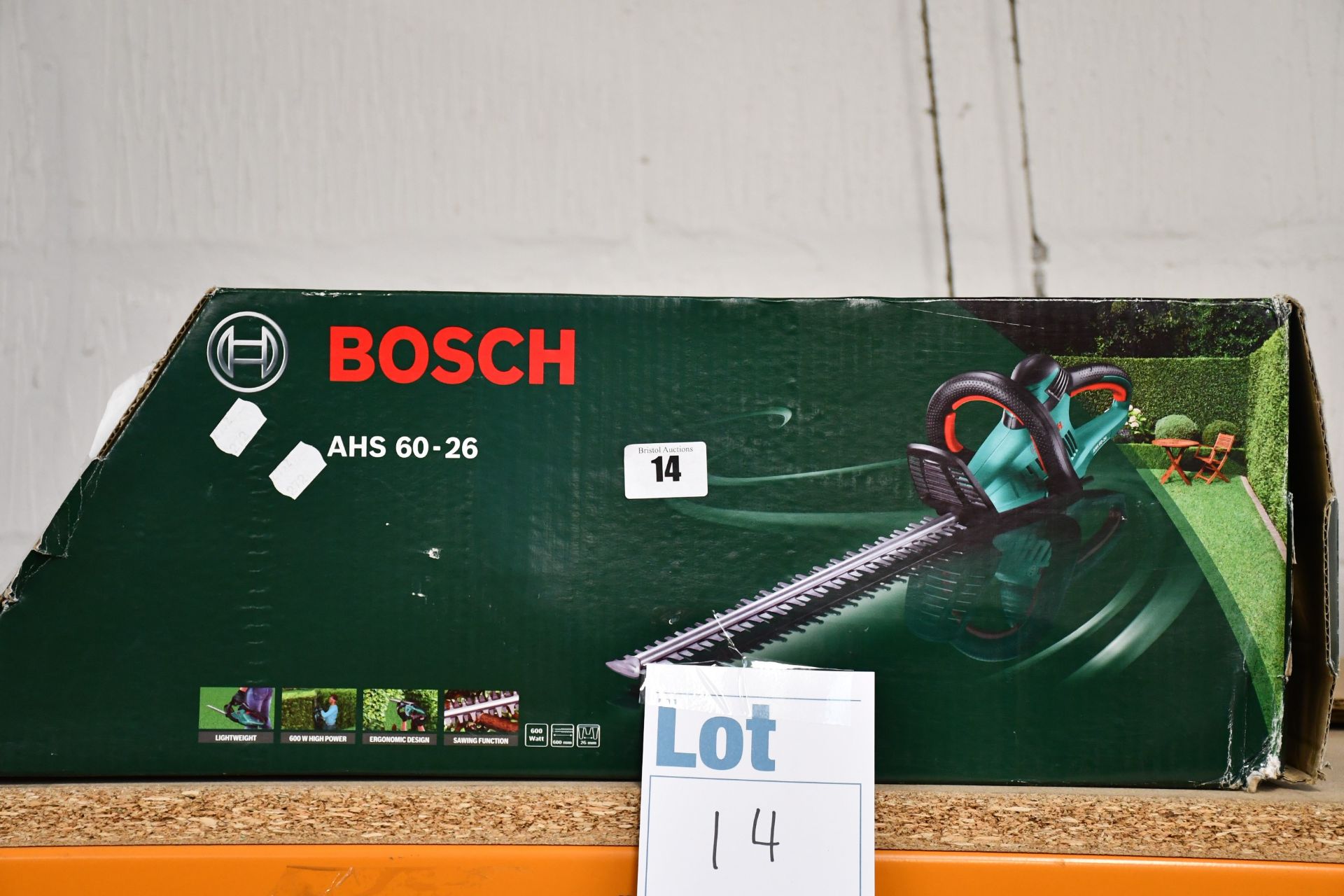 One boxed Bosch AHS 60-26 electric corded hedge trimmer.