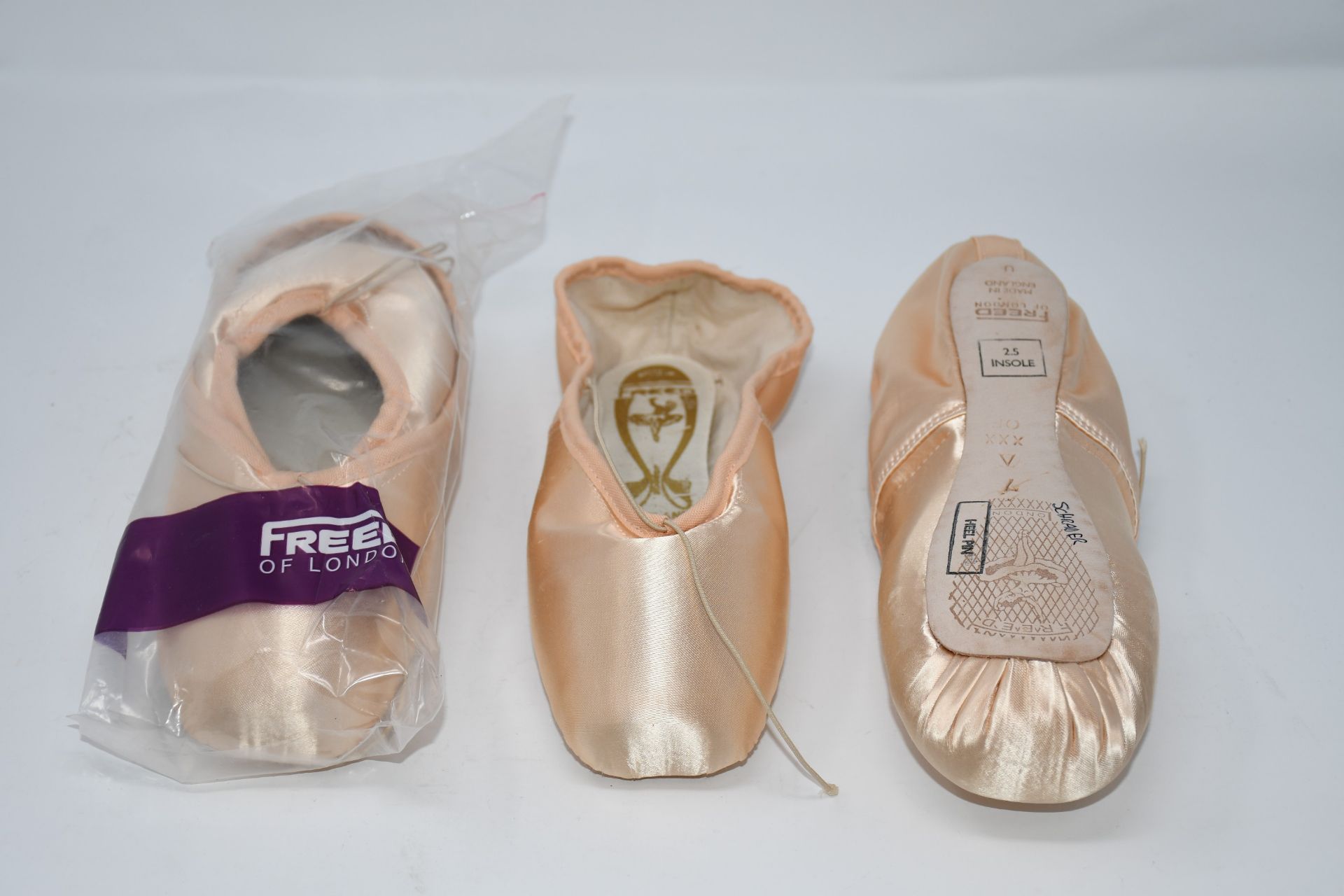 Four pairs of as new Freed of London hard heel pin ballet shoes (Size 7 insole 2.5).