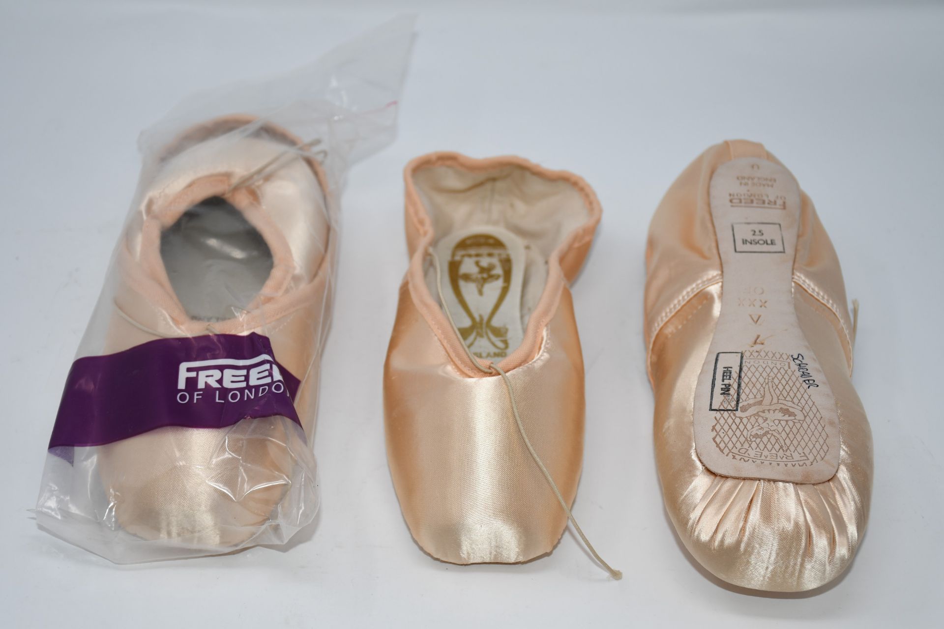 Five pairs of as new Freed of London hard heel pin ballet shoes (Size 7 insole 2.5).