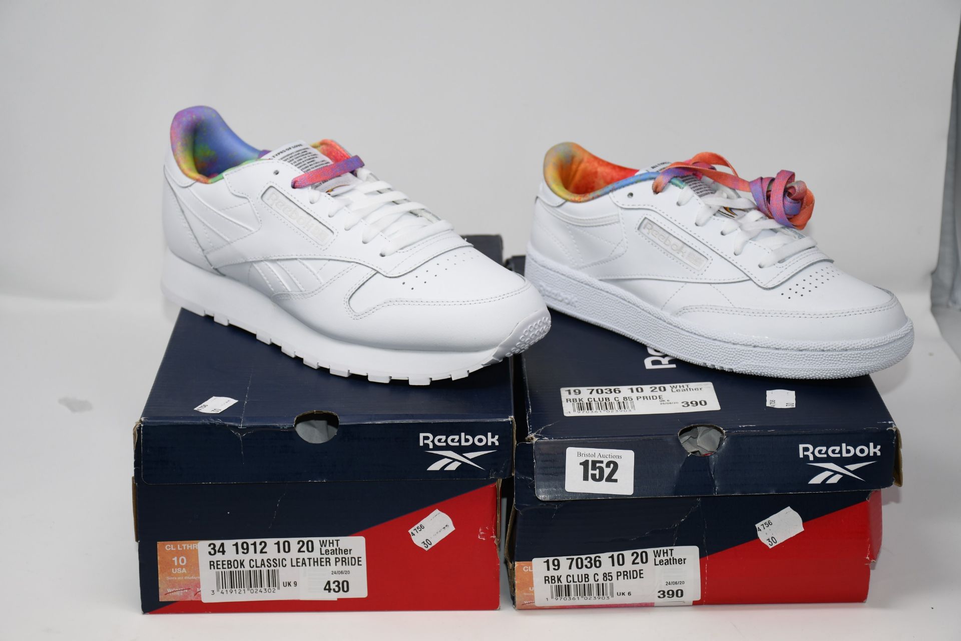 One as new Reebok white classic leather pride trainers size UK 9. One as new Reebok white classic