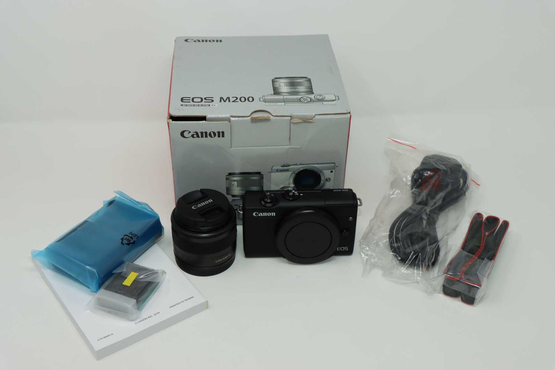 A boxed as new Canon EOS M200 Mirrorless Camera with EF-M 15-45 mm f/3.5-6.3 IS STM Lens in Black (