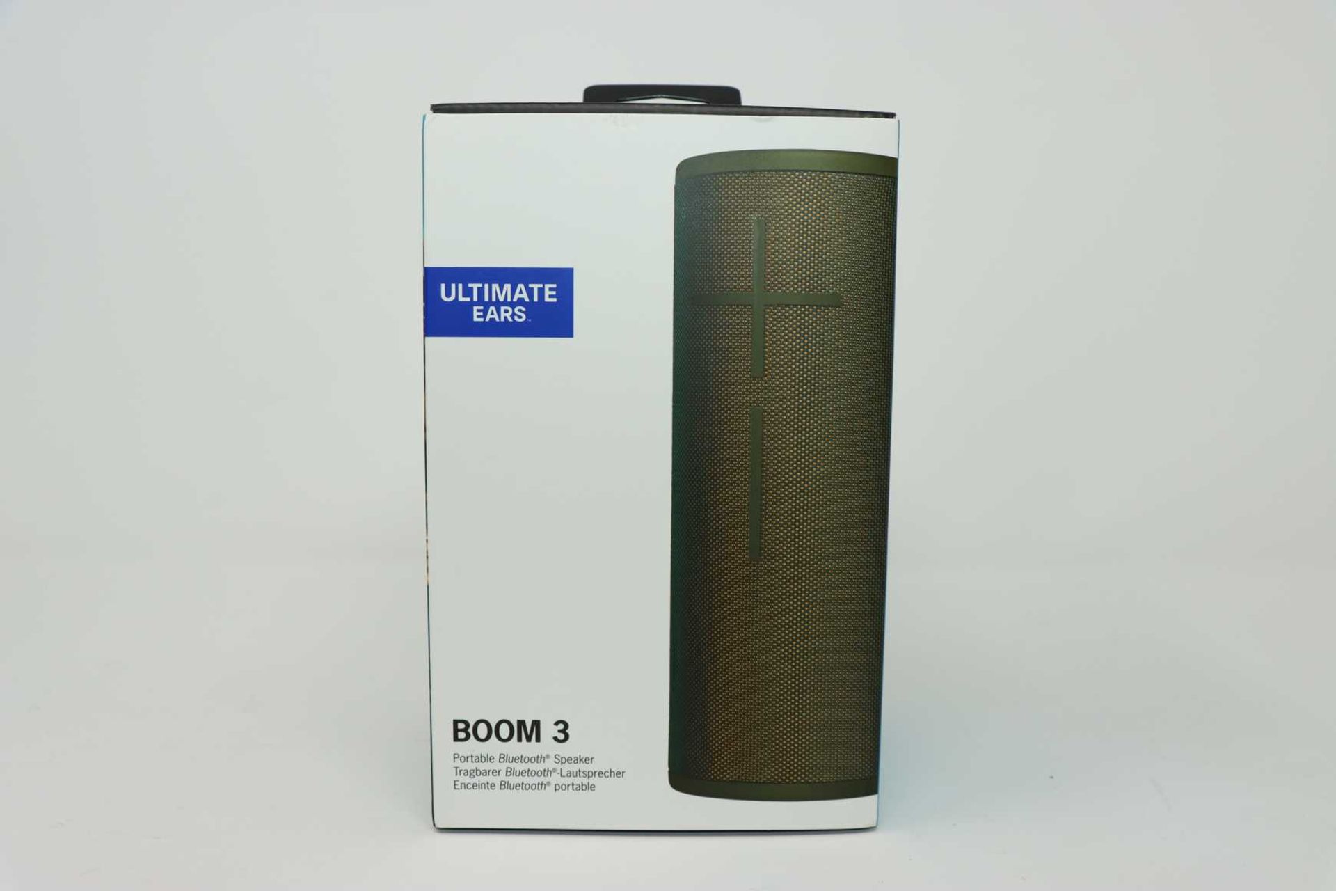 A boxed as new Ultimate Ears BOOM 3 Waterproof Bluetooth Portable Speaker in Forest Green.