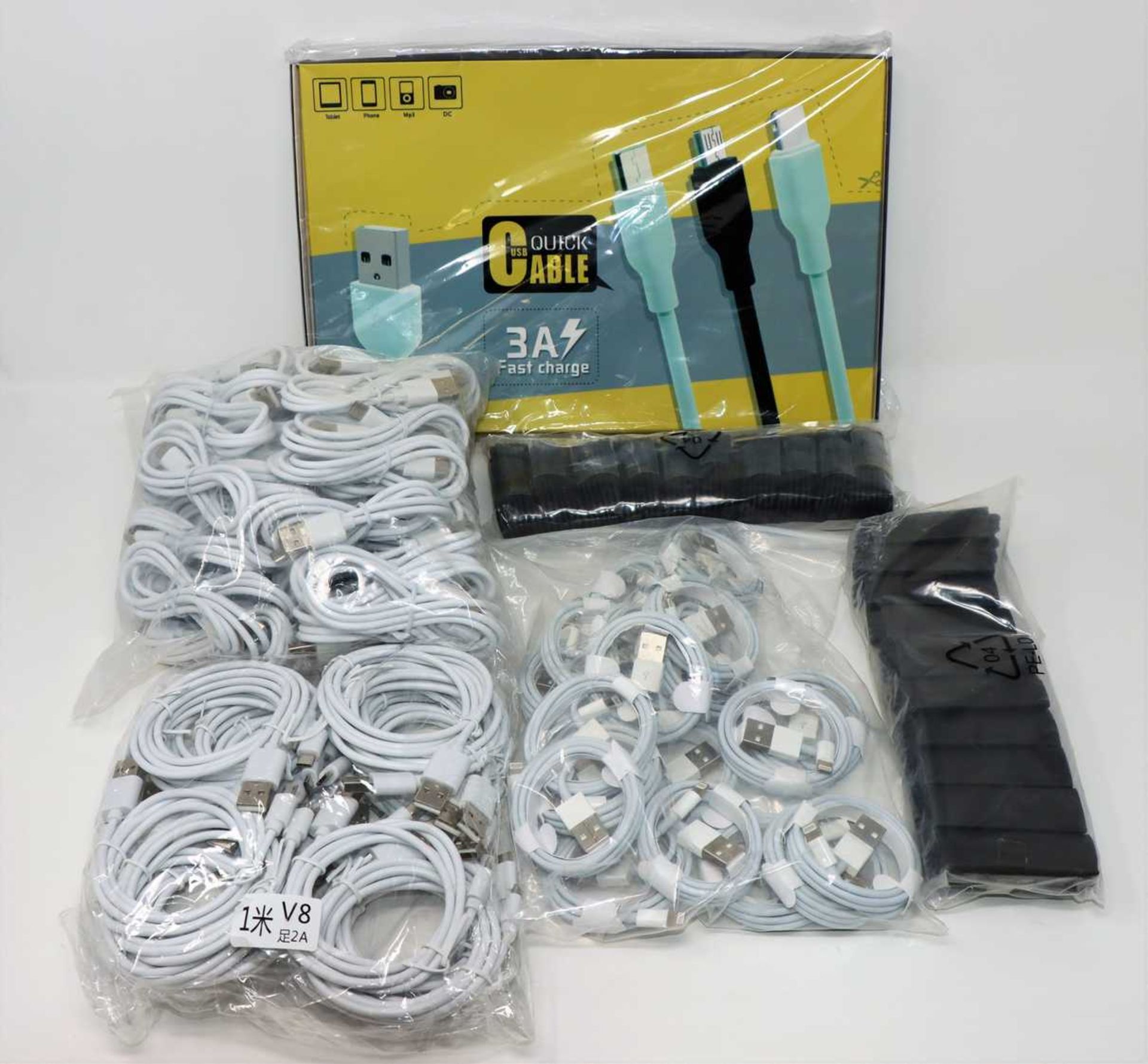 A quantity of assorted as new USB charging cables; 150 x USB to USB-C, 50 x USB to Lightning and