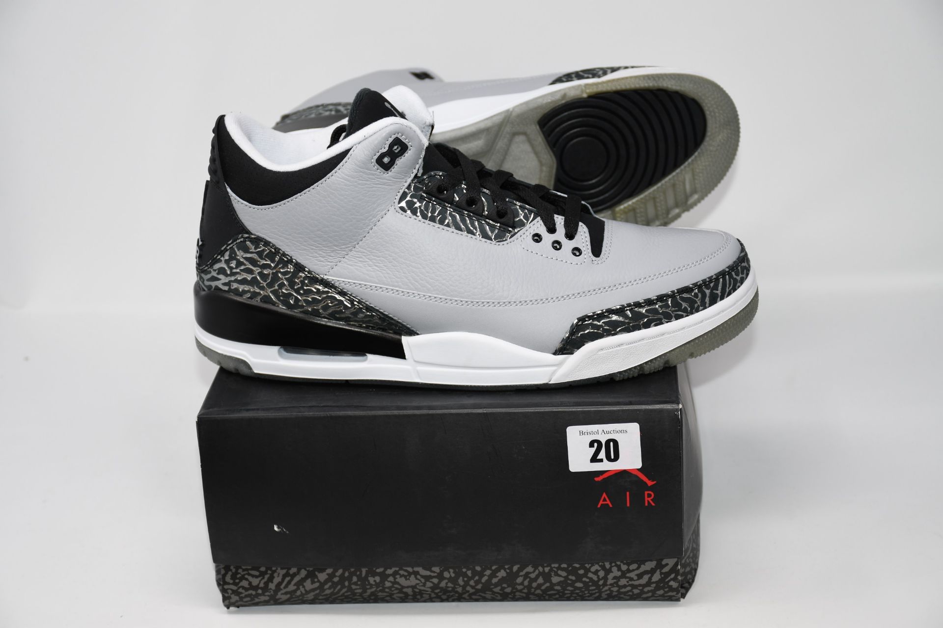 One pair of as new Jordan 3 Retro Wolf Grey size UK 11.