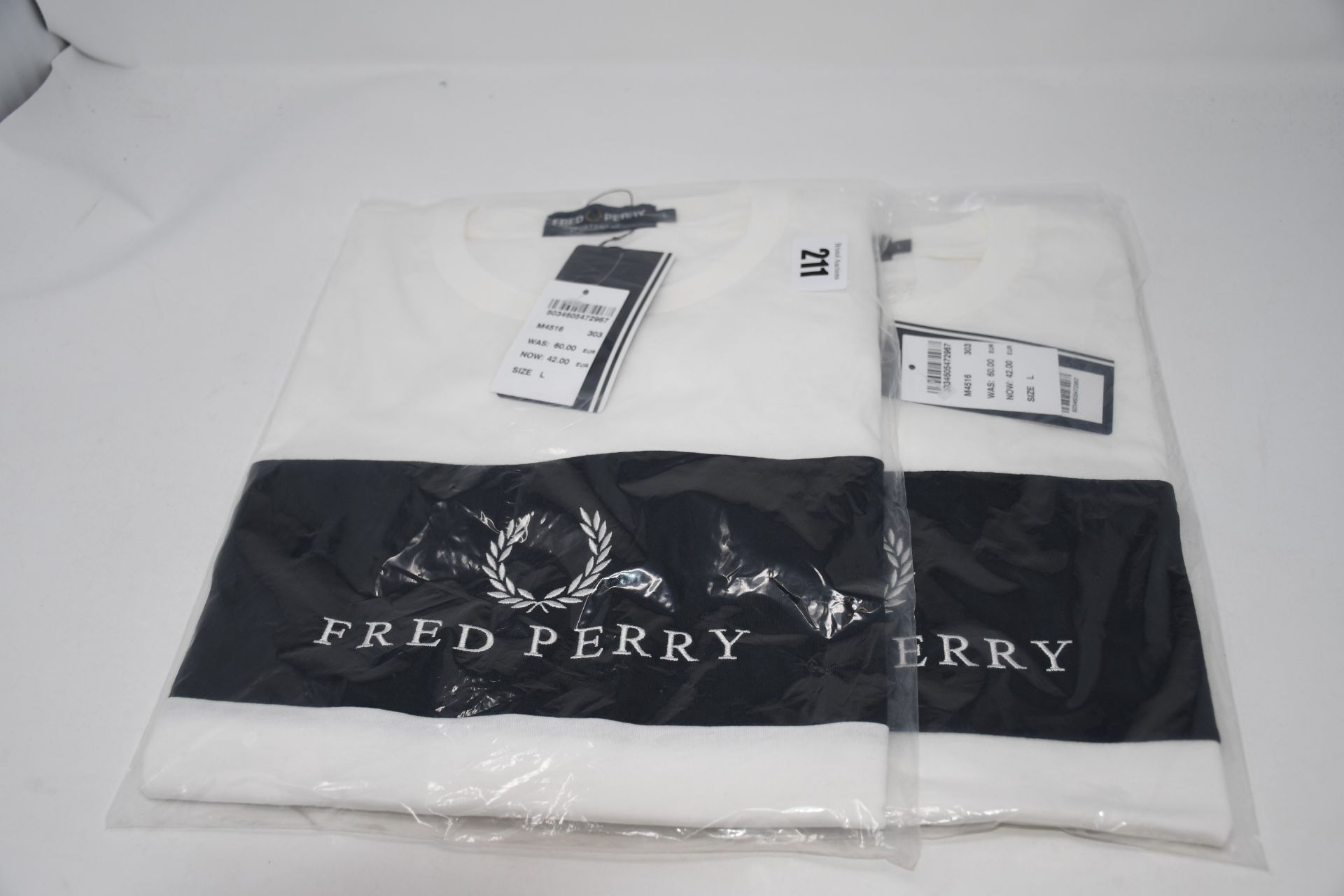 Two as new Fred Perry Embroidered panel t-shirt size L (Col: 303. Model: M4516).