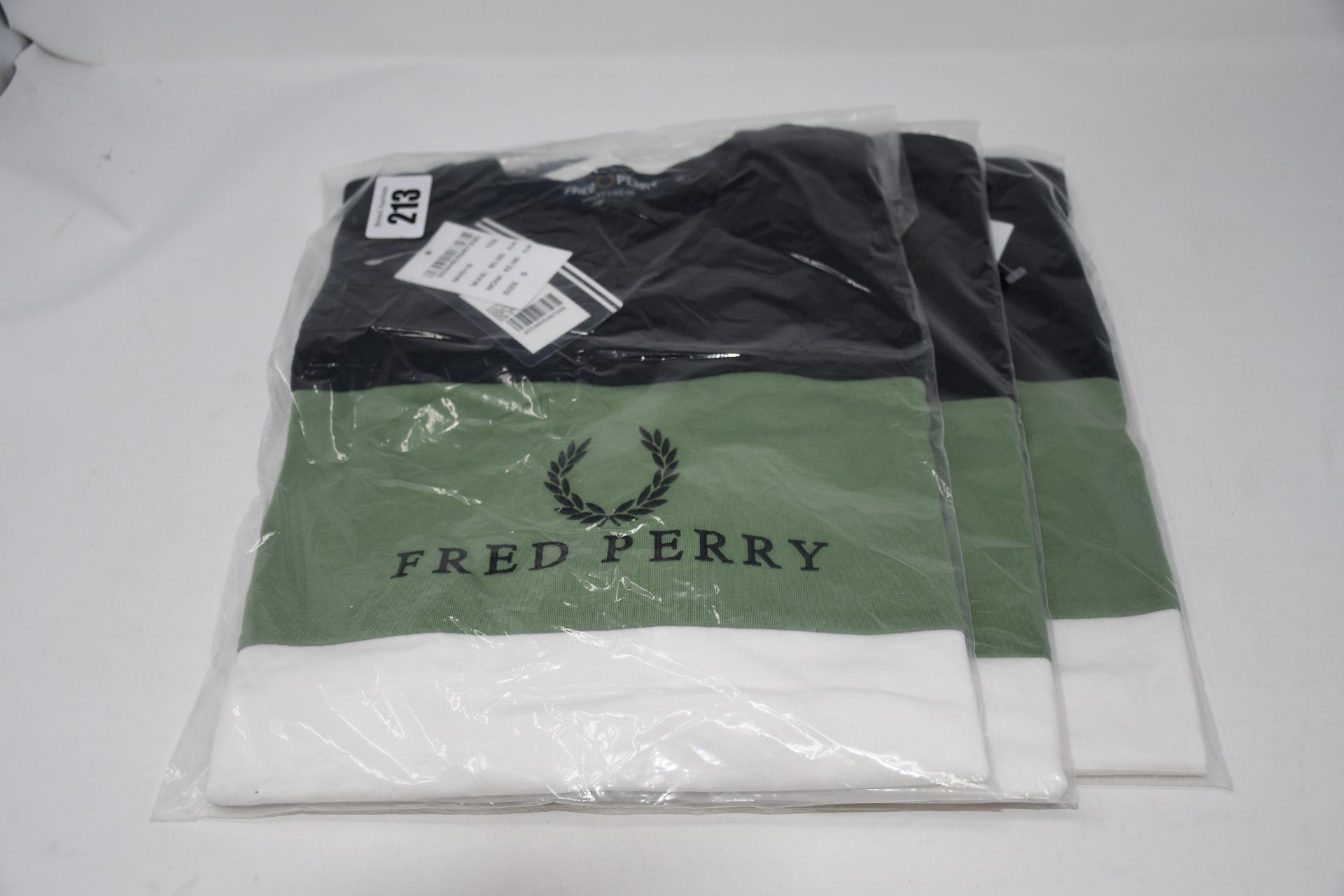 Three as new Fred Perry Embroidered panel t-shirt size S (M4516-102).