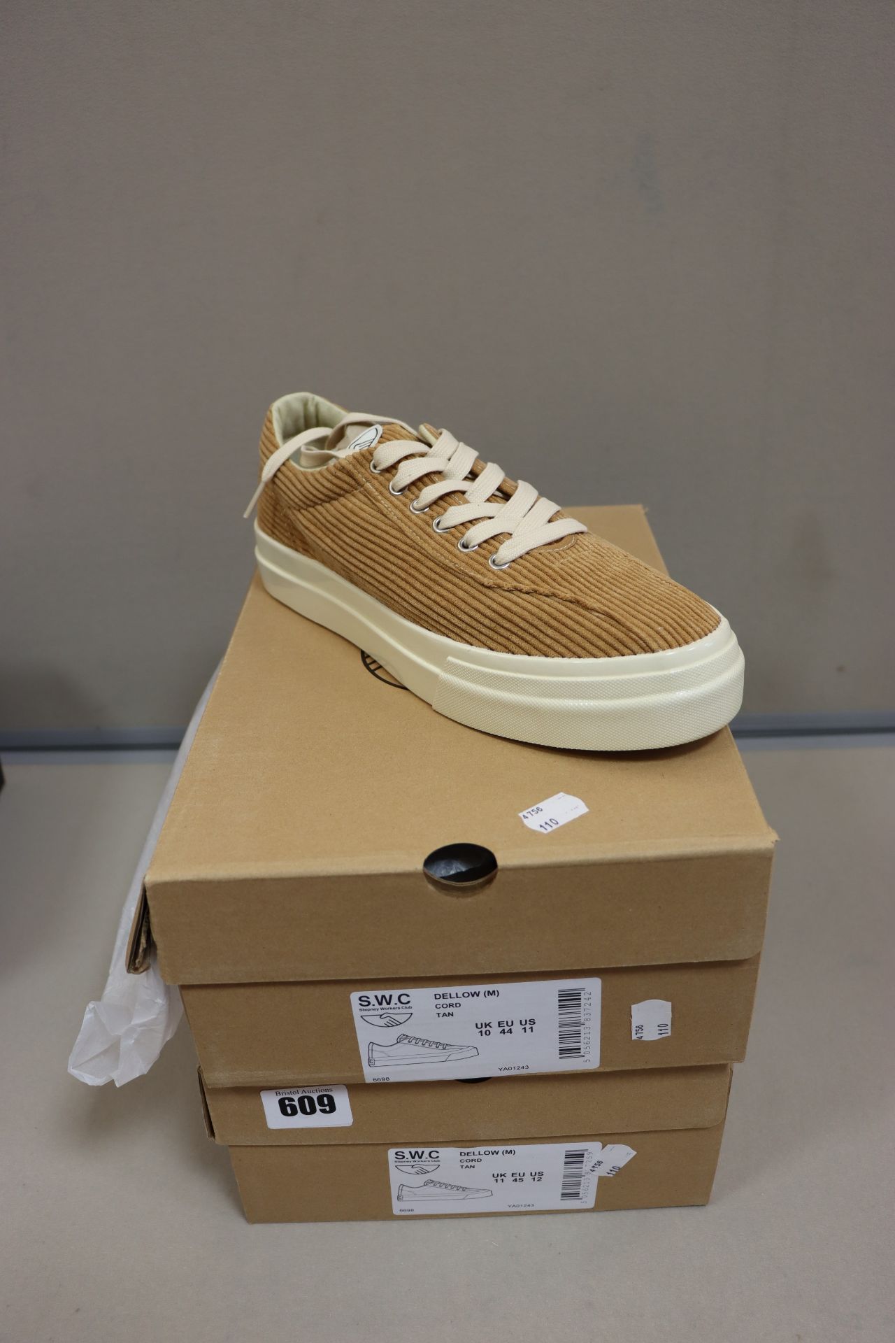 One boxed as new Stepney Workers Club Dellow Cord Tan sneakers size UK 11. One boxed as new