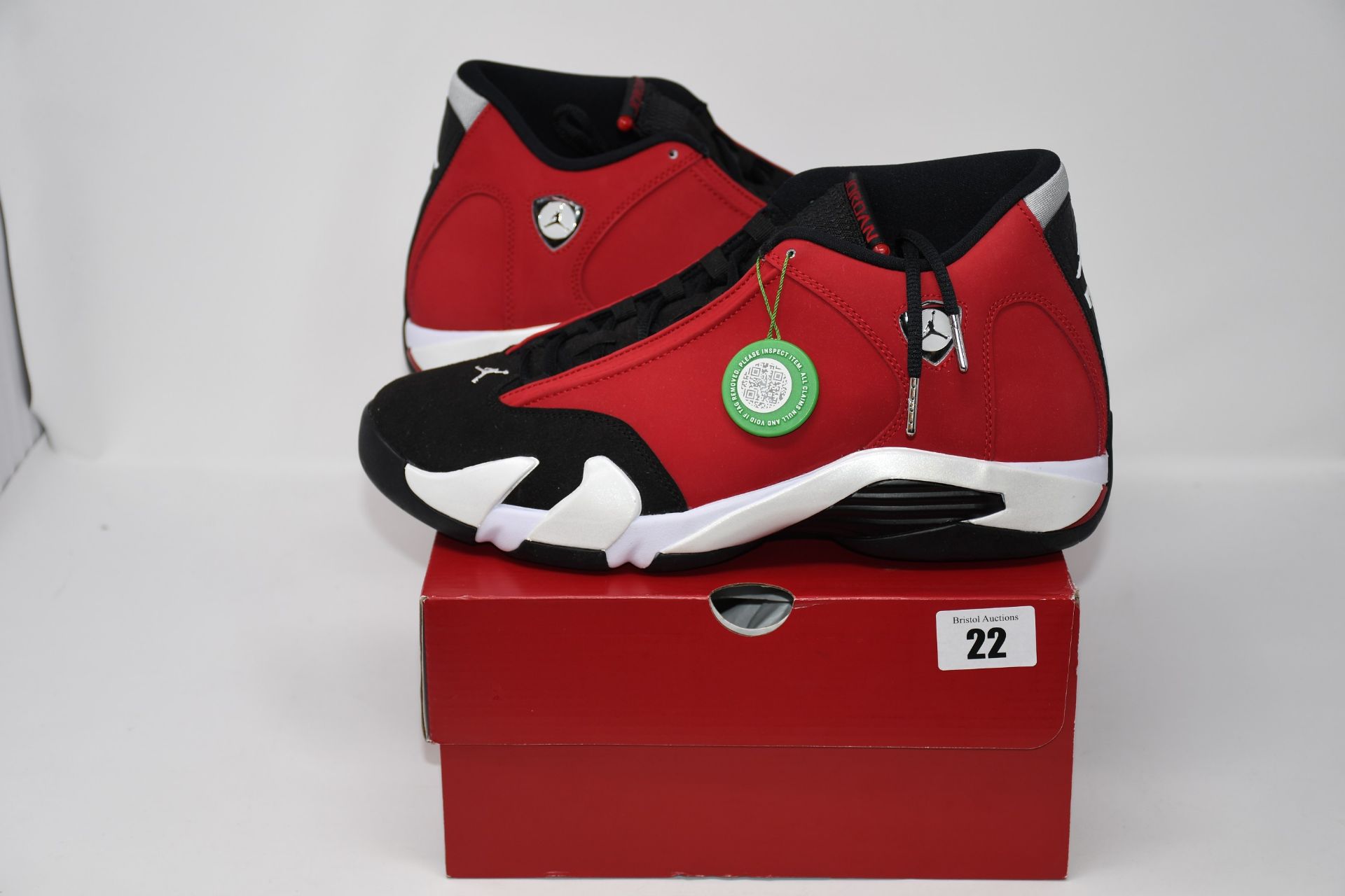 One pair of as new Air Jordan 14 Retro black/gym red-white-off white size UK 10.5 (487471006).