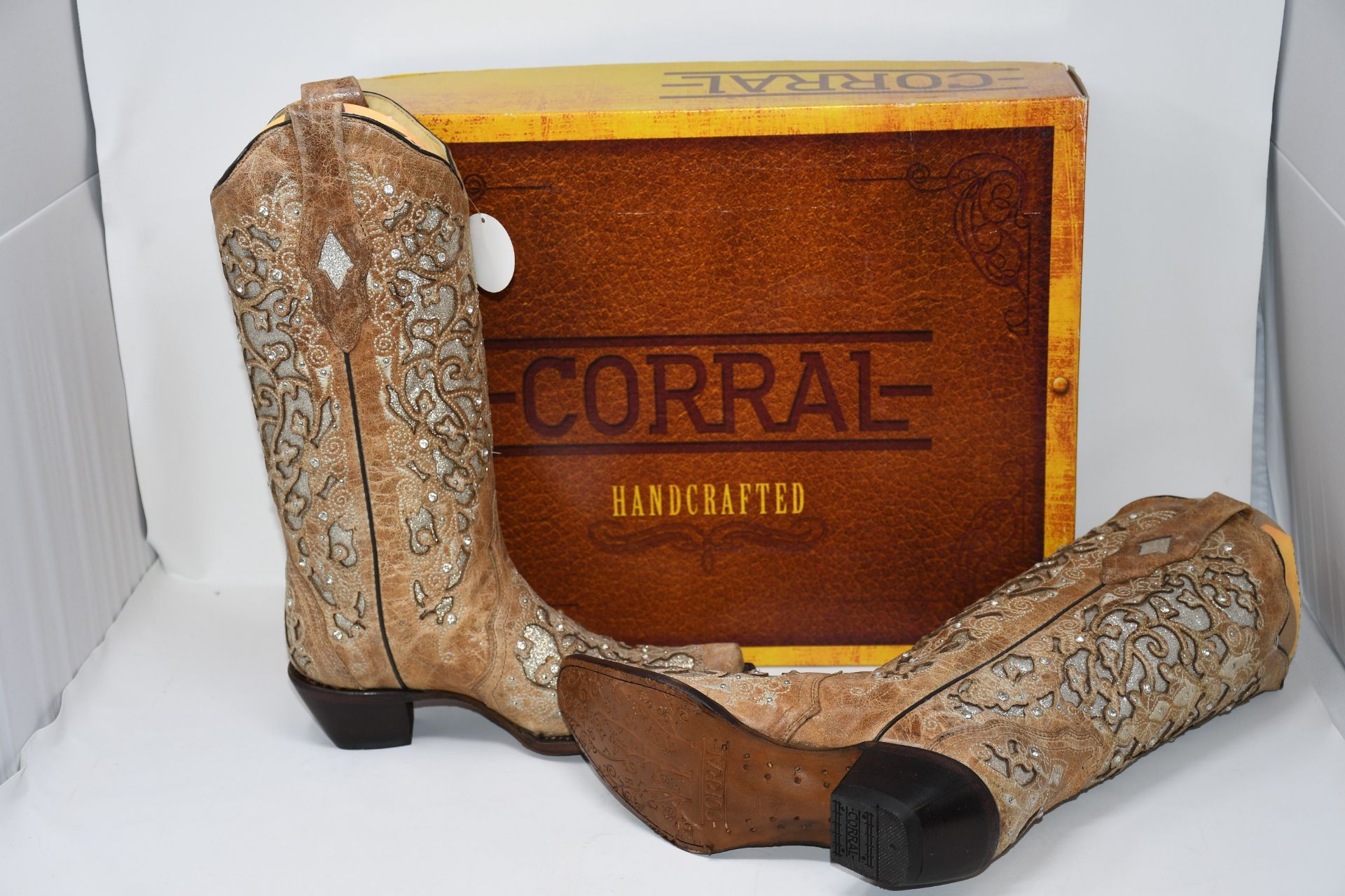 A pair of boxed as new Corral handcrafted beige inlay & flowered embroidery & stud (A3670) cowboy