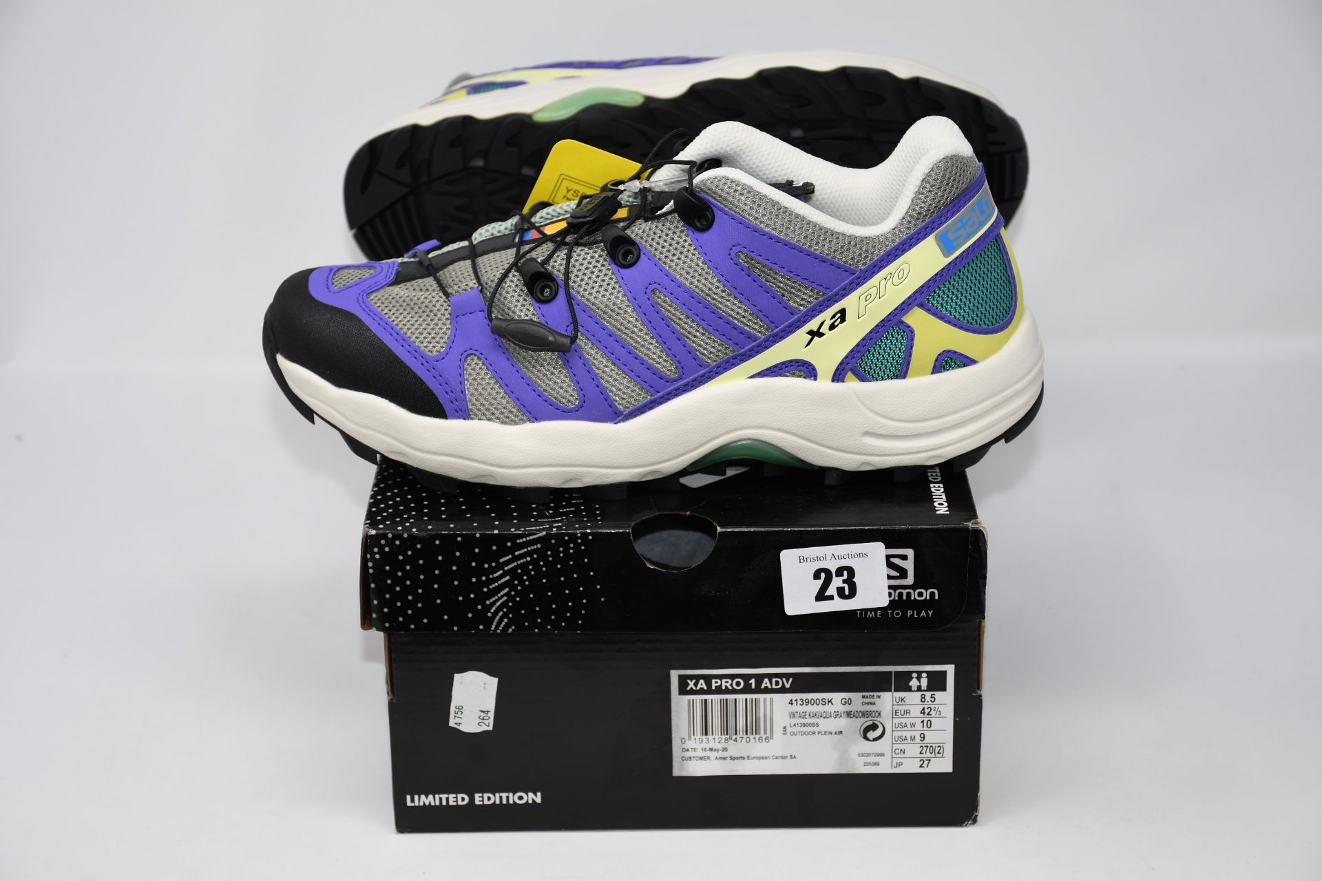 One pair of as new Salomon XA Pro 1 Adv colour: vintage kaki/aqua blue/meadowbrook size: 8.5.