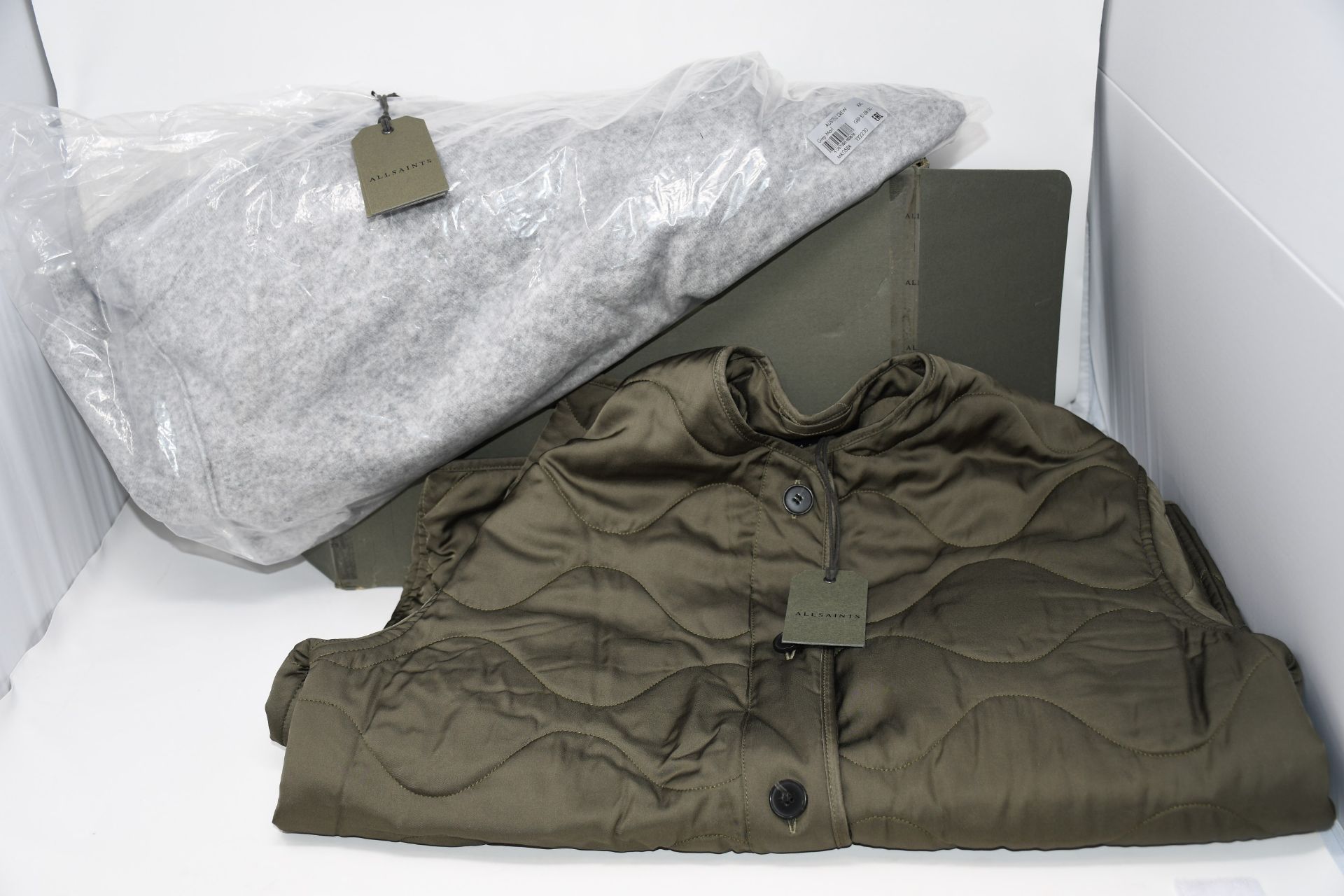 One as new All Saints Torin Jacket Khaki Green size M. One as new All Saints Austell Crew grey