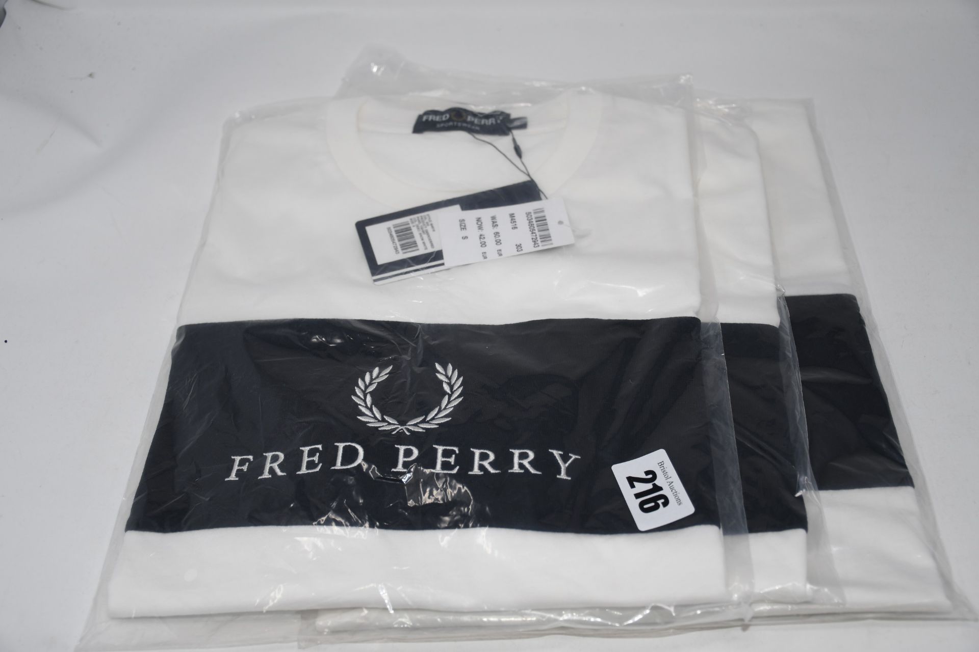 One as new Fred Perry Embroidered panel t-shirt size XS (Col: 303. Model: M4516). Two as new Fred