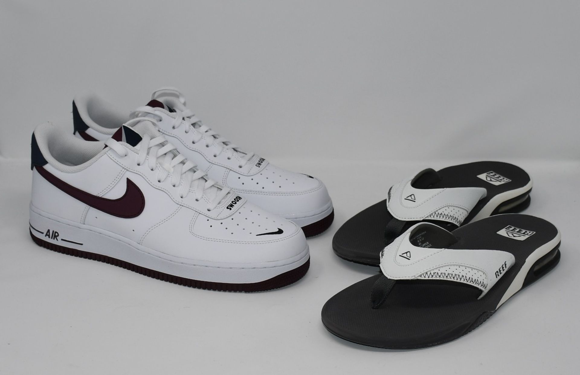 One as new Nike Air Force 1 '07 Lv8 4 size UJ 10 (CJ8731-100). One as new Reef white & grey