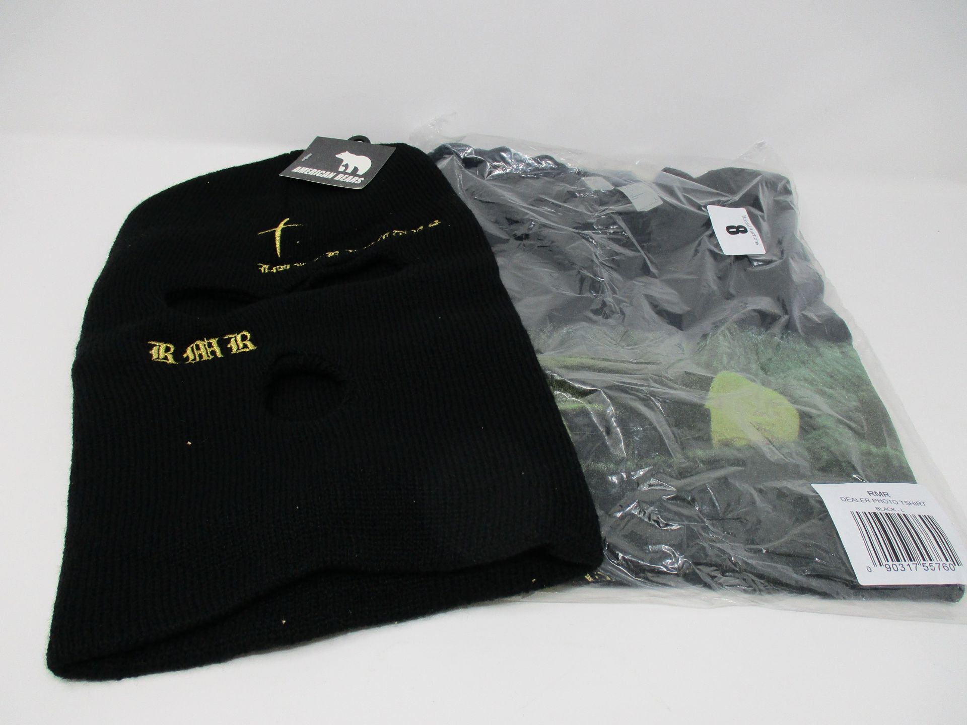 One as new RMR Dealer Photo t-shirt size L. One as new RMR balaclava hat.