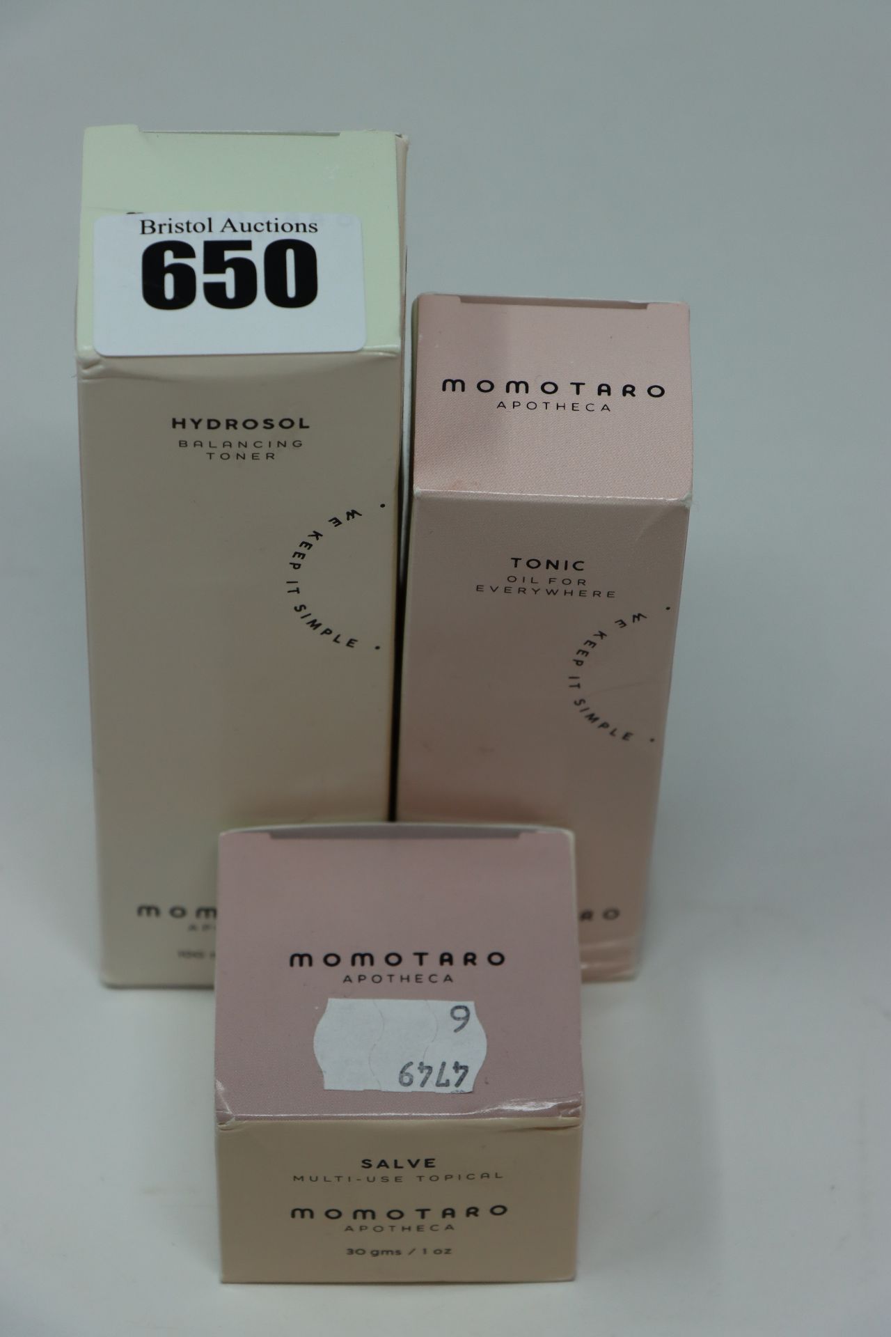 Three boxed Momotoaro Apotheca beauty products to include one Momotaro balancing toner (55ml), one