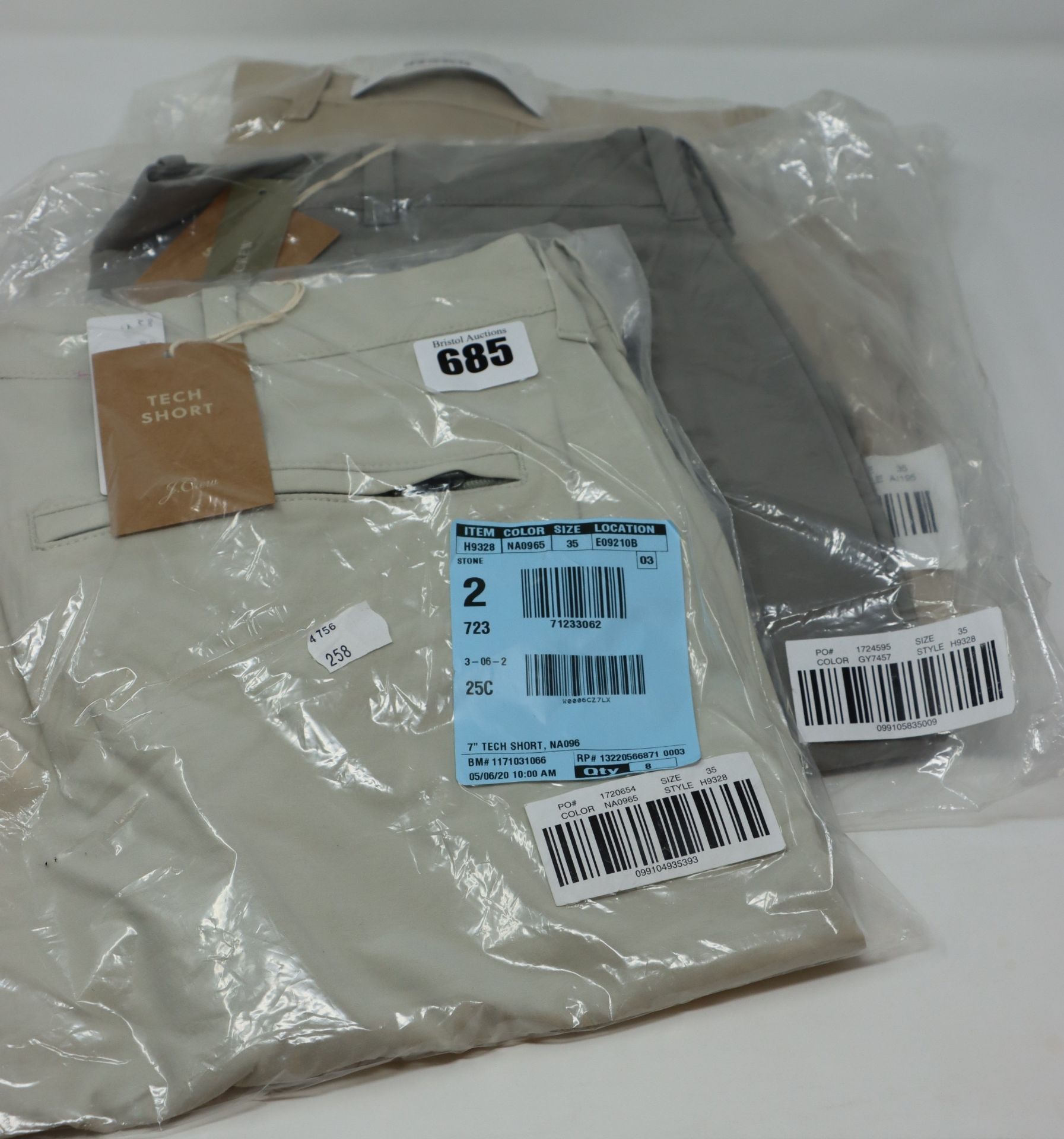 One as new J Crew 7" tech short size 35 (Colour: stone. Model: H9328). One as new J Crew 7" tech