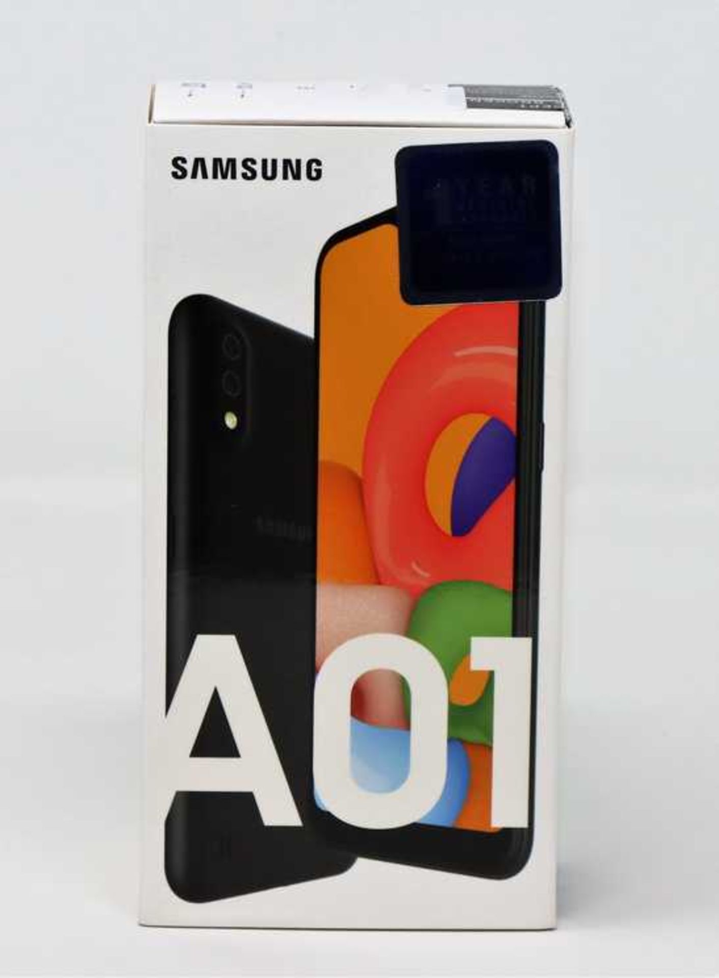 A boxed as new Samsung Galaxy A01 SM-A015F/DS 16GB in Black (Box opened, some cosmetic damage to