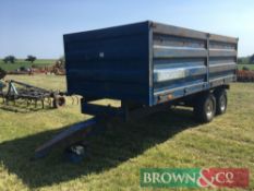 Truckspec 12t twin axle hydraulic tipping dropside trailer with manual tailgate and grain chute on