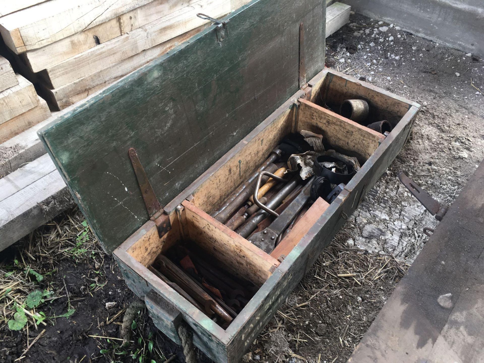 Engineers wooden ex army box with tools - Image 2 of 2