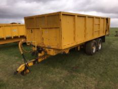 1985 Gull 13t twin axle trailer with hydraulic tailgate, grain chute, hydraulic and air brakes on 38