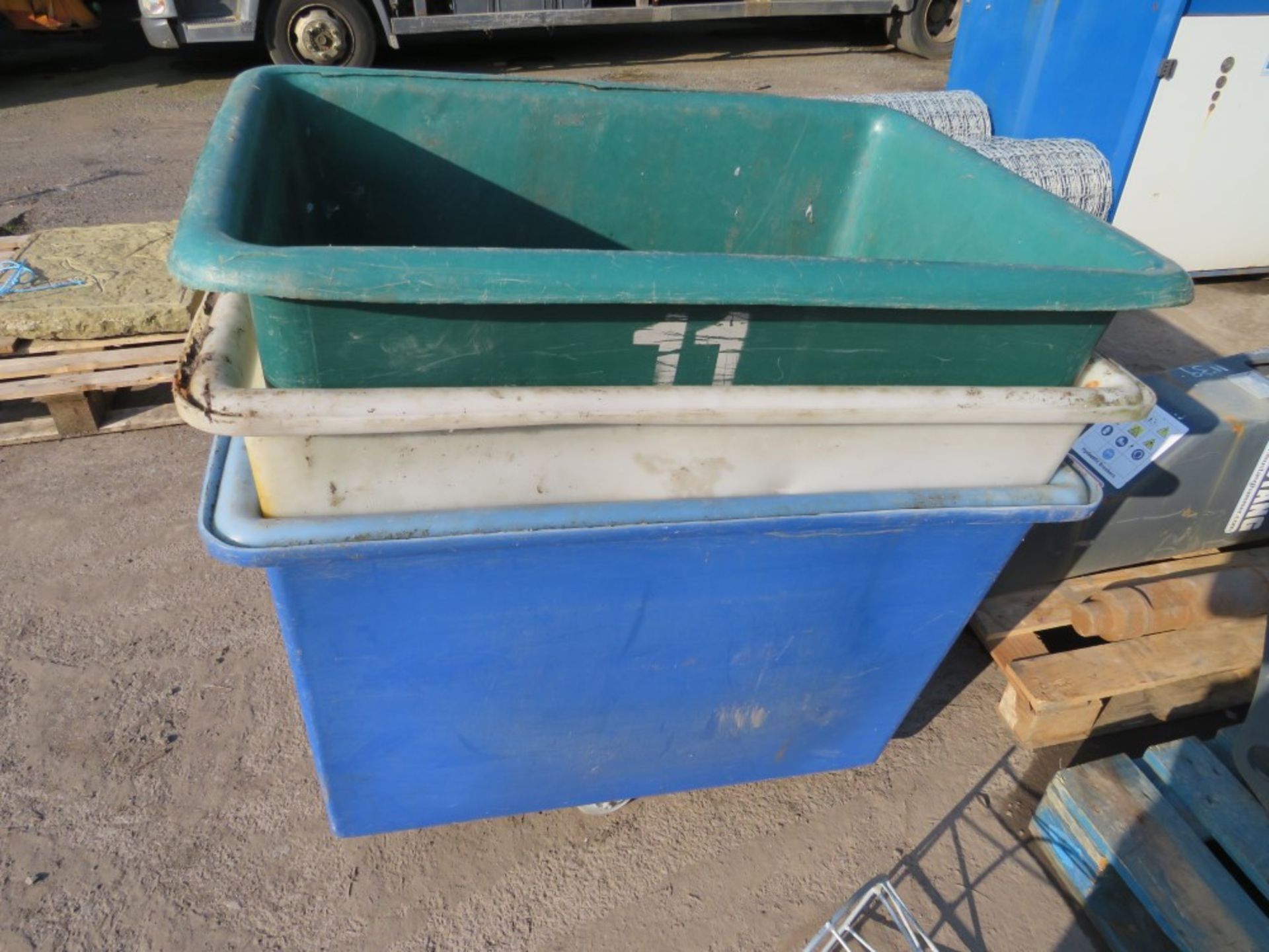 3 X PLASTIC TUBS WITH CASTORS [NO VAT]