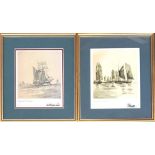 Two framed prints of ships, each 18x22cm