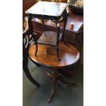 An oval marquetry occasional table and one other
