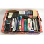 A mixed box of books, subjects mainly include war, to include Everyman's Library edition of Tolstoy,