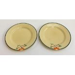 Two Clarice Cliff Bizarre Ravel pattern plates, each 25cm diameter, printed factory marks to base