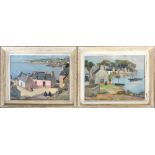 A pair of framed prints depicting a Welsh fishing village, 28x38cm