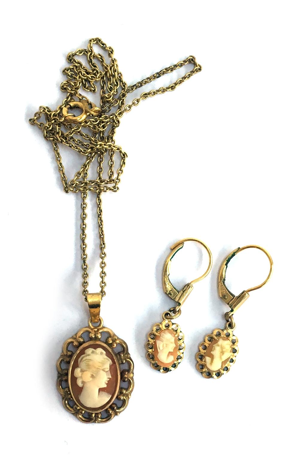 14ct rolled gold cameo pendant on chain together with 14ct rolled gold cameo earrings, gross