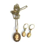 14ct rolled gold cameo pendant on chain together with 14ct rolled gold cameo earrings, gross