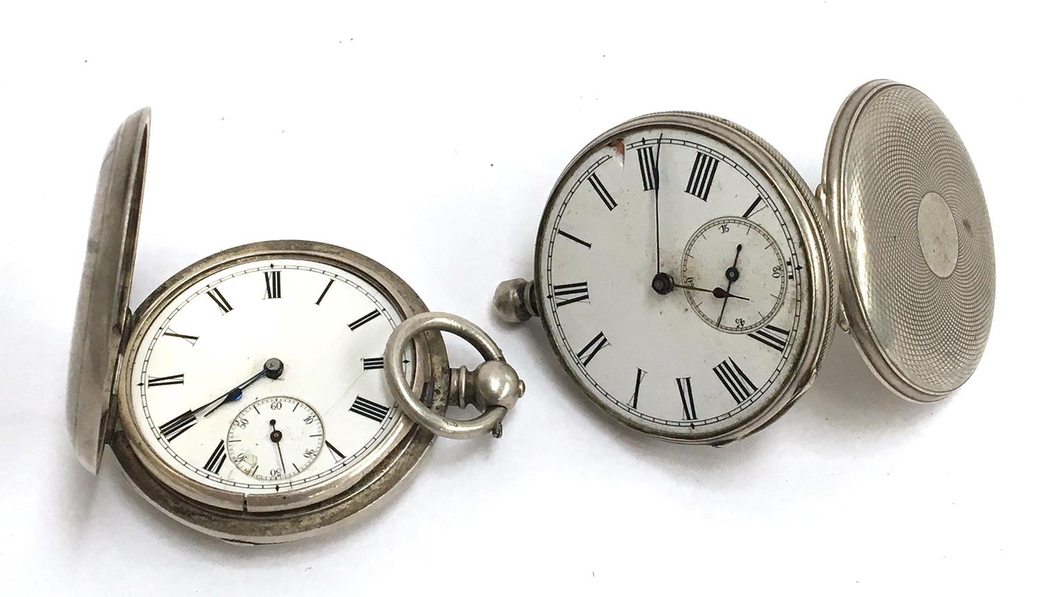 A silver cased key wind hunter pocket watch, Roman numerals to dial with subsidiary seconds at