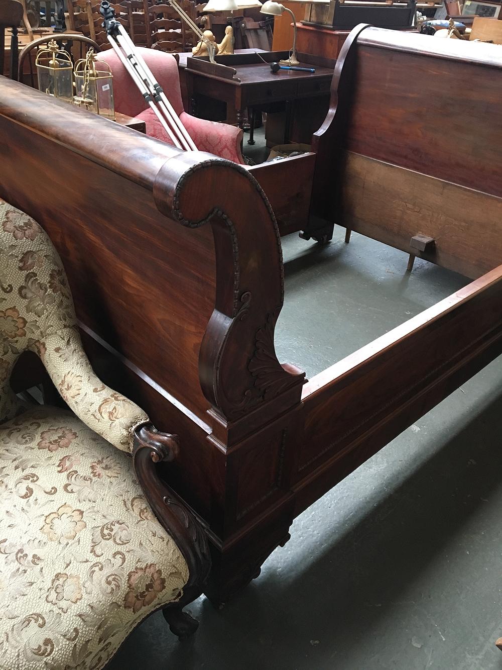 A 19th century mahogany French sleigh bed, the front with carved floral decoration and bead - Image 2 of 3