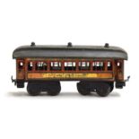 An Early Bing O Gauge Continental Speisewagen Bogie Coach, with hinged roof opening to reveal a