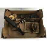 A box containing various brass items, metric weights, old cigar box, etc