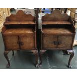 A pair burr effect bedside cabinets on cabriole legs, 46cmW