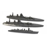 Three pre-war Meccano ltd Dinky Toy ships, HMS Delhi and two HMS Nelsons (3)