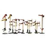 Three Hornby O gauge metal lattice signal posts; together with eight other wooden signal posts (11)