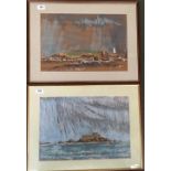 20th century British school, two coastal scenes, crayon and watercolour, indistinctly titled, each