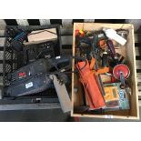 A Skil 560W belt sander; together with a box of tools including glue gun, wood saws, drills, etc