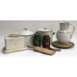 A mixed lot of vintage kitchenalia, to include several enamel bread bins, enamel jug, butter pats,