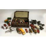 A large quantity of metal toys, to include clockwork tin plate car, clockwork plane and