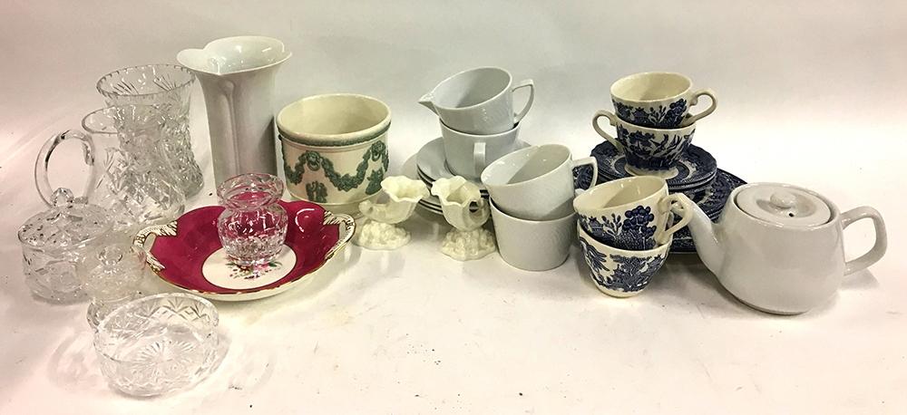 A mixed lot of teawares to include Churchill willow pattern, various continental ceramics;