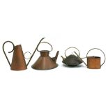 An arts and crafts style copper watering can, together with a small watering can, a conical kettle